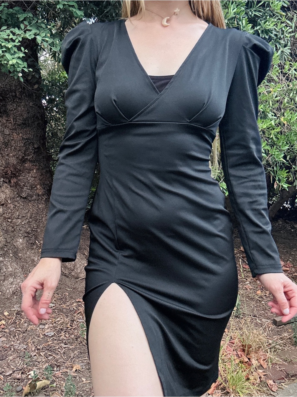 Black Long-Sleeve V-Neck Midi Dress with Side Slit